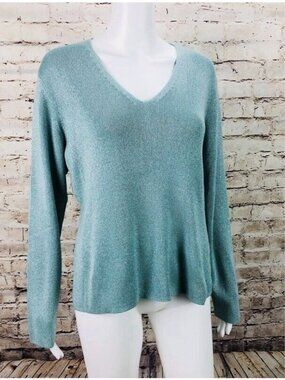 New York Co Sweater Womens Sz XL V Neck Mint Green Silver Metallic Long Sleeve